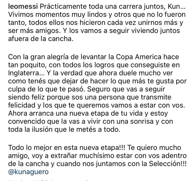 La carta de Lionel Messi a su amigo el Kun Agüero, que anunció su retiro del fútbol profesional 