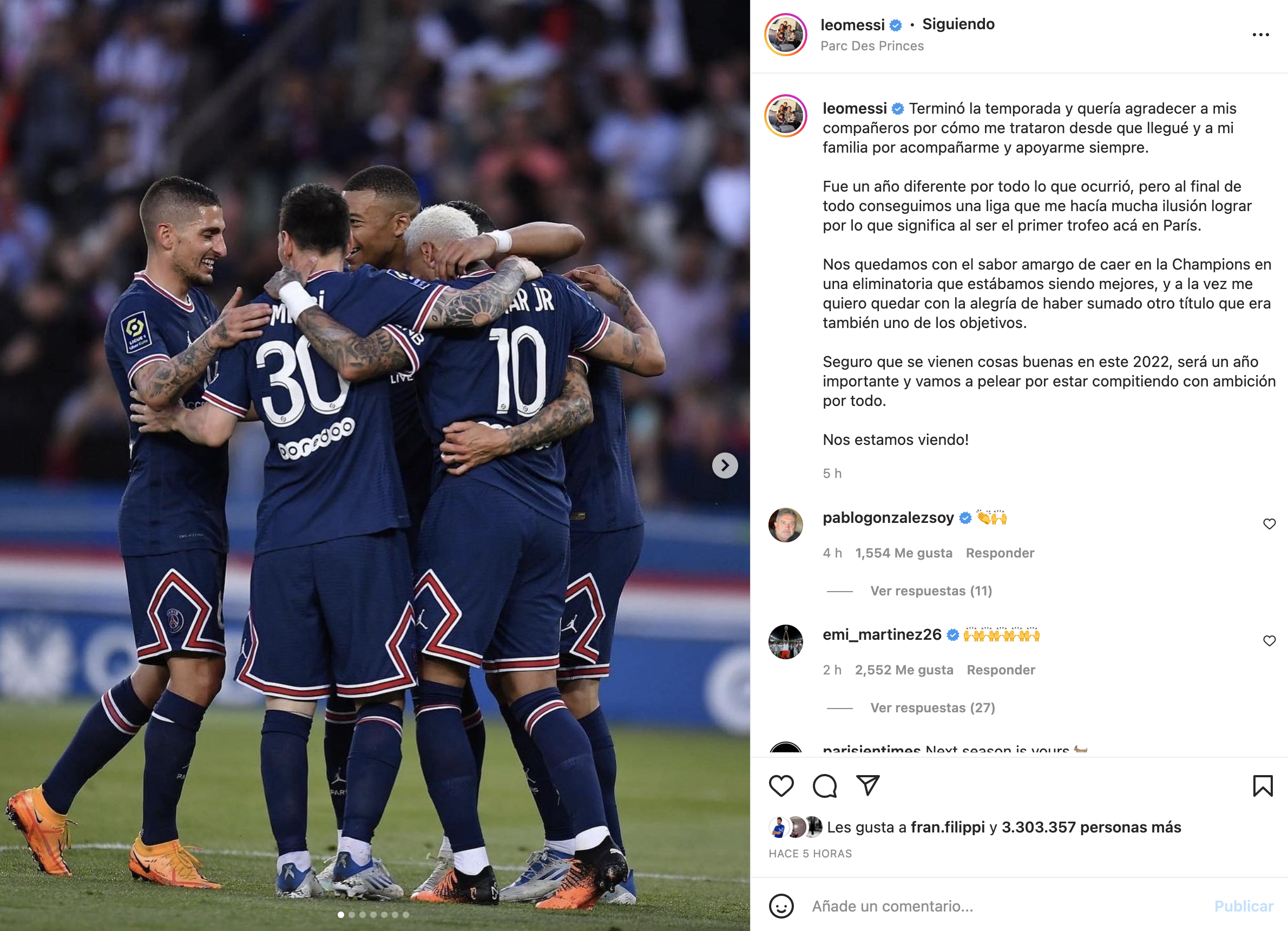 El posteo de Lionel Messi en su cuenta de Instagram.