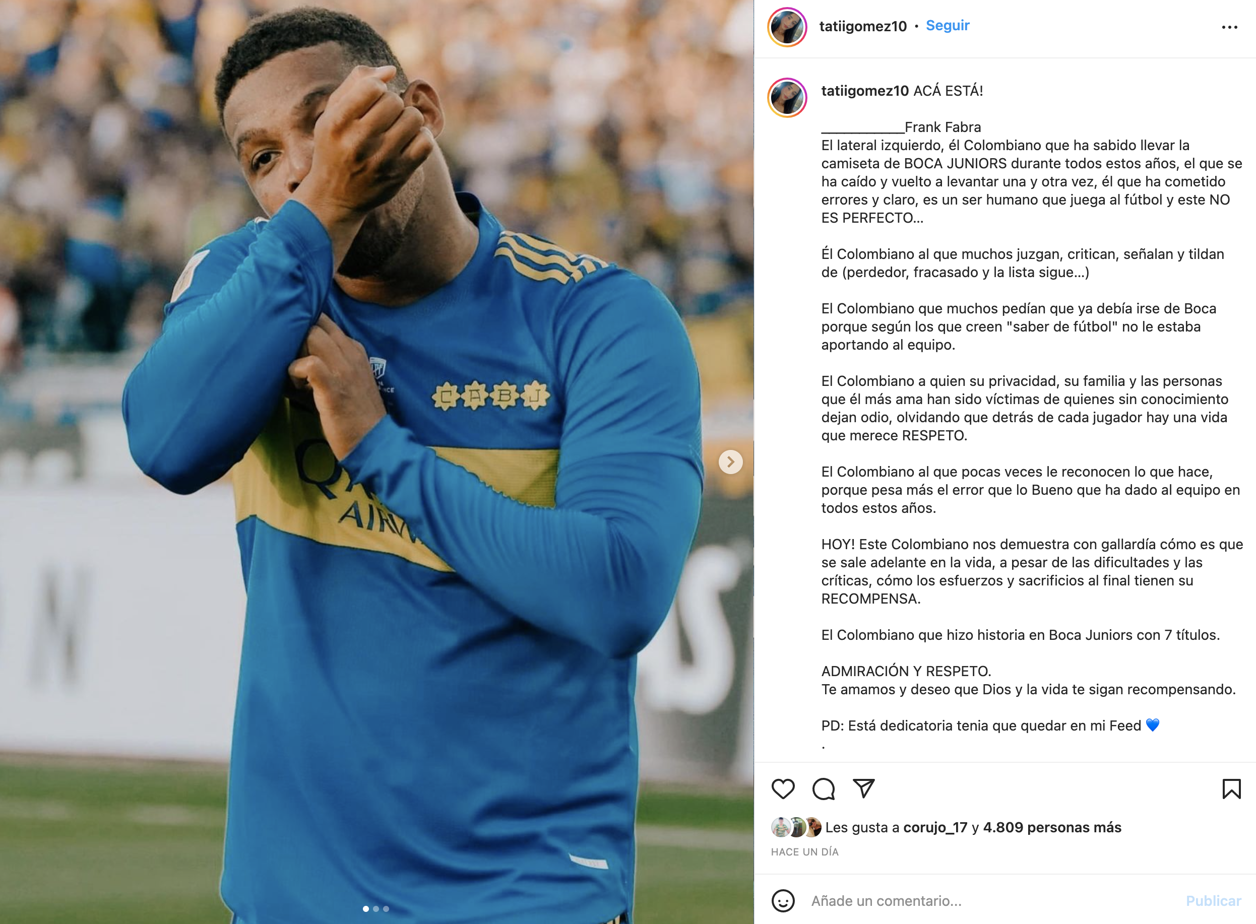 El posteo de la esposa de Frank Fabra en Instagram.