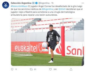 El posteo de la Selección Argentina sobre la baja de Correa