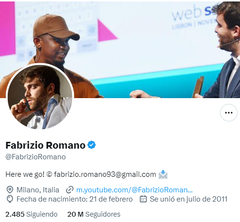 Fabrizio Romano tiene 20 millones de seguidores en X