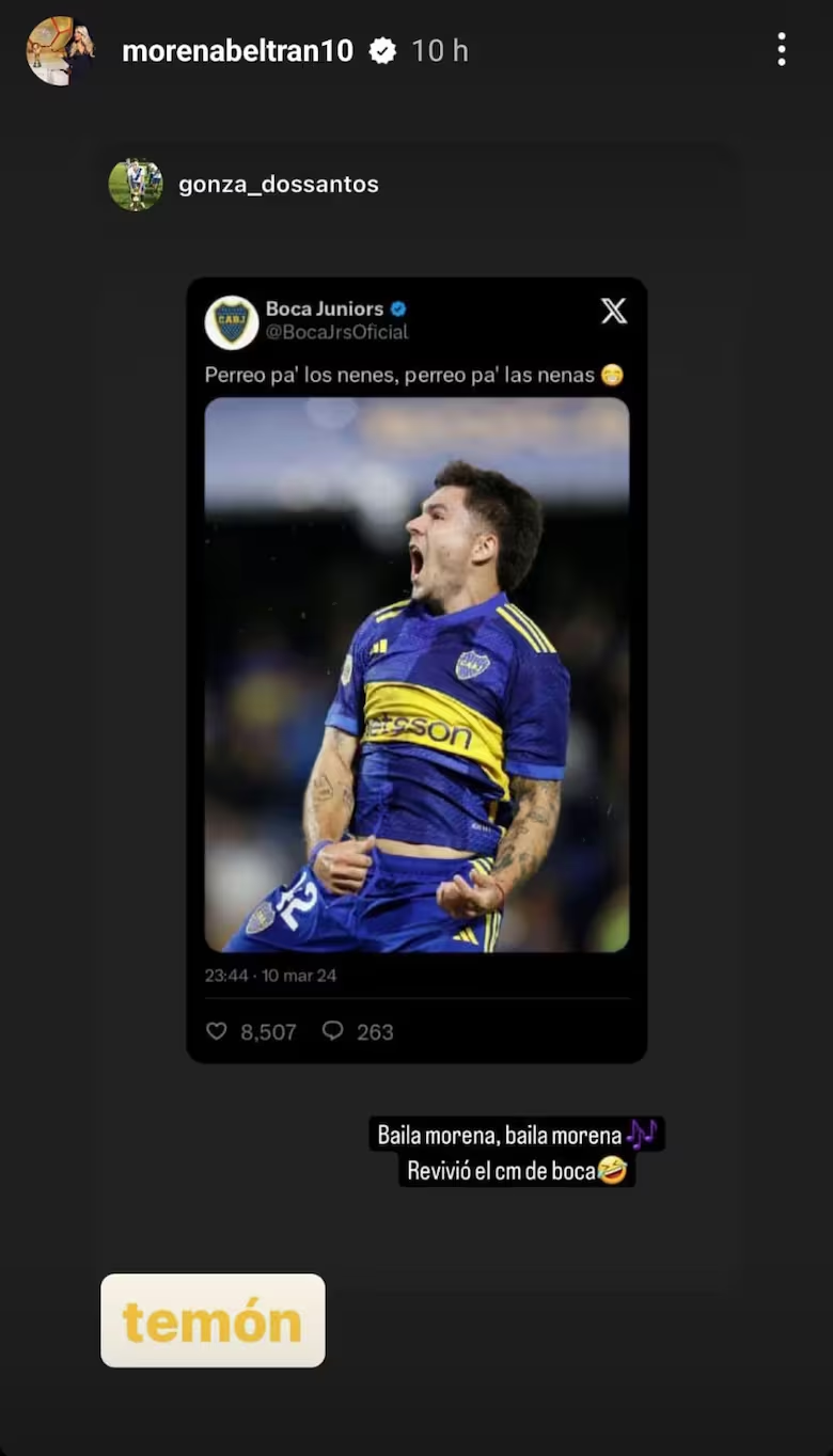 Así reaccionó Morena Beltrán al gol de Blondel: una historia en su cuenta de Instagram