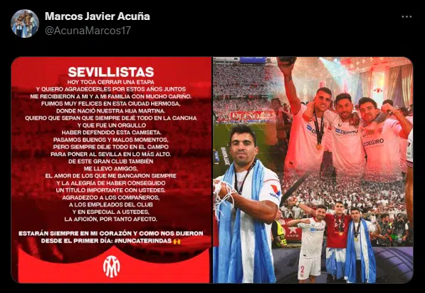 Marcos Acuña se transformó en nuevo refuerzo de River y en las redes sociales publicó una emotiva despedida con el Sevilla.